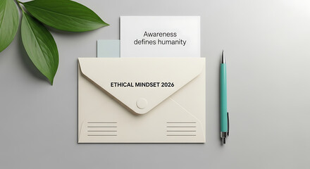 A beige envelope labeled 'ethical mindset 2024' with a card reading 'awareness defines humanity' on a gray background.