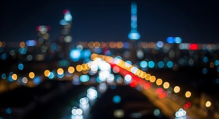 Vibrant cityscape at night with colorful bokeh lights