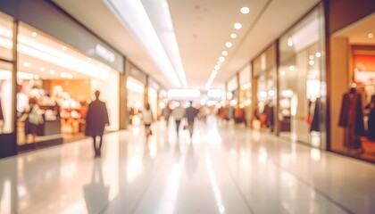 Out-of-focus scene of people walking down a lit shopping mall corridor