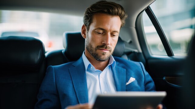 A sharp businessman in a suit uses a tablet while riding in the back of a car, staying connected and productive.
