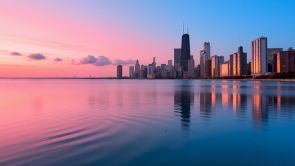 Obraz premium City skyline at sunset by water