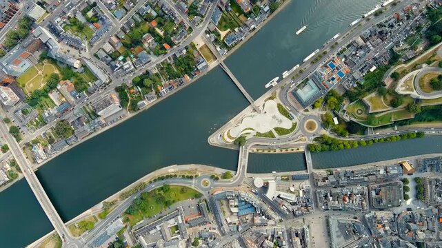 Namur, Belgium. Arrow at the confluence of the Sambre and Meuse rivers. Drone footage, HEAD OVER SHOT, HEAD OVER SHOT