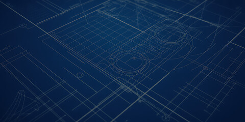 Intricate Technical Blueprint Background with White Lines on Dark Blue, Representing Engineering, Architecture and Modern Design