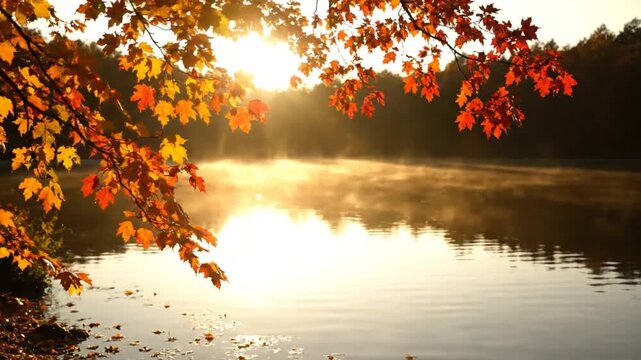 Tranquil autumn sunrise over a lake with golden and red fall foliage and a misty surface