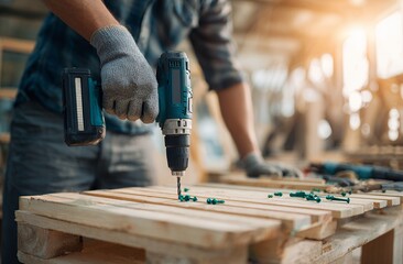 Carpenter fastening screw into wooden plank with power drill
