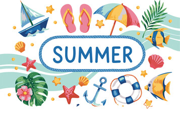 Naklejka premium Vibrant summer themed illustration with beach elements and text