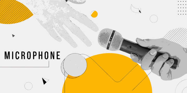 A microphone held in a hand with abstract geometric shapes