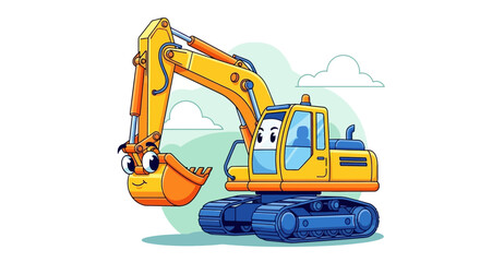 A friendly yellow cartoon excavator with blue tracks and a smiling face, depicted in a simple illustration style for children.