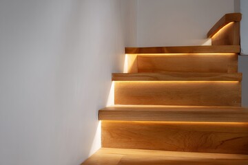 Modern wooden staircase with warm ambient lighting interior design