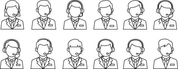Fototapeta premium Set of customer support and call center service line icons, male and female technical assistance avatars with headsets for online help desk and telemarketing,