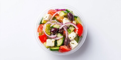 Fresh greek salad with feta and olives in a clear bowl