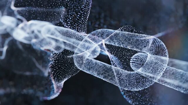 A broken digital chain rendered in a futuristic wireframe style against a dark background.