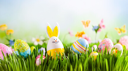 Cheerful Easter scene featuring painted eggs and a cute bunny decoration hidden in fresh green grass, perfect for holiday greetings, children's designs, and spring celebrations.