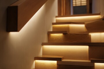 Modern wooden staircase with warm ambient lighting interior design