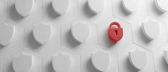 Secure lock among white shields symbolizing safety.