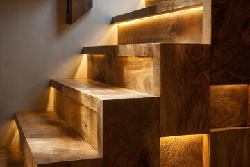 Modern wooden staircase with warm ambient lighting interior design