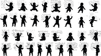 Obraz premium Silhouettes of babies with mathematical equations and formulas, creative early childhood education, learning, intelligence, STEM concept illustration background design art graphic