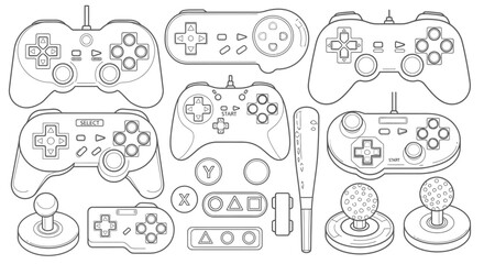 A collection of various video game controllers, joysticks, and gaming accessories in a detailed line art illustration.