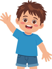 Fototapeta premium Happy young boy waving with friendly smile and casual summer clothes