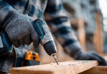 Worker fastening screw into wooden boards with power drill outdoors