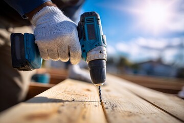 Worker fastening screw into wooden plank with power driver