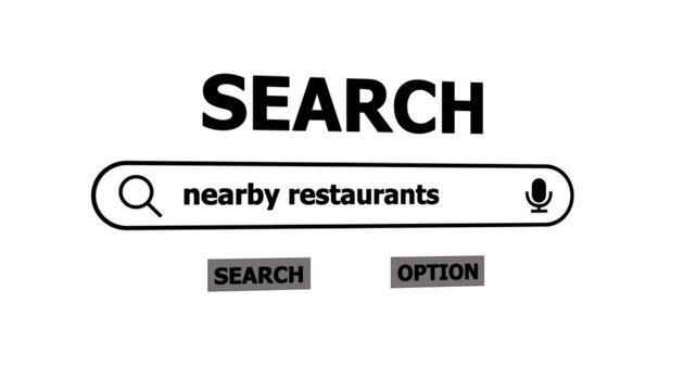 Search Bar with Nearby Restaurants Query on Computer Screen for Navigation and Location Based Services. 4k animation motion graphics video.
