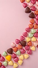 Heart shaped candies on pink background place for text.