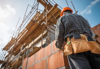 Construction worker inspecting brick building with scaffolding at work site