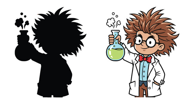 A cartoon boy transforms into a scientist with a green beaker