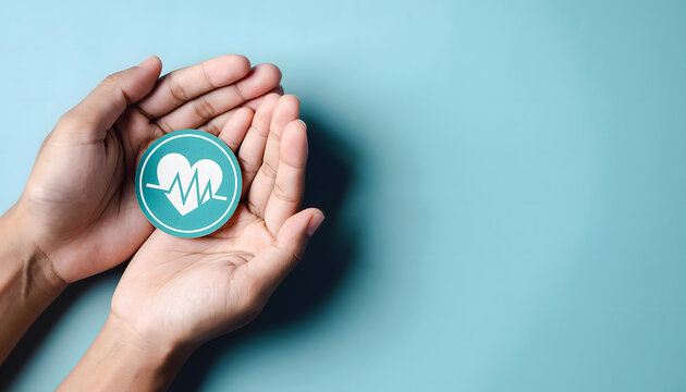 hands holding heartbeat icon symbolizing healthcare monitoring wellness and medical care