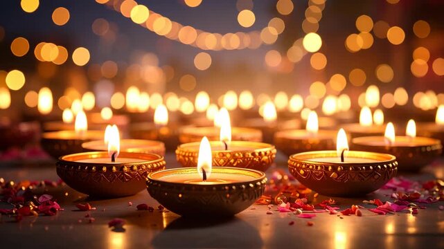 Rows of ornate lamps with flickering flames and scattered petals illuminated by bokeh lights