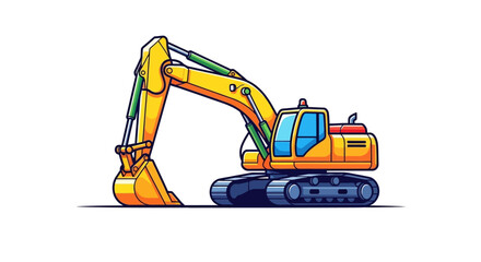 Bright yellow excavator with blue tracks and cab, a detailed cartoon illustration of heavy construction machinery on a white background.