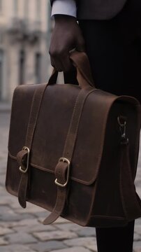 Close up of successful african businessman in suit standing on city street with brown leather briefcase in hands. Young busy worker walking outdoors.