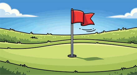 A vibrant cartoon illustration of a golf course green with a red flag waving in the hole under a clear blue sky.