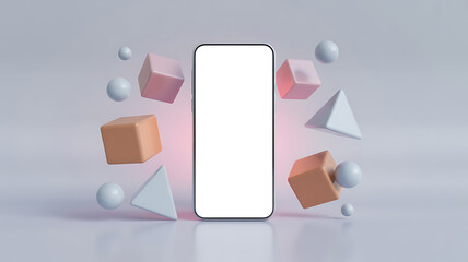 Creative Smartphone Mockup Surrounded by Floating 3D Geometric Pastel Shapes for App Design and UI Presentation