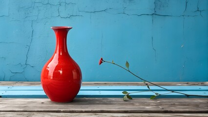 Red vase on blue background.