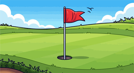 A cartoon illustration of a golf course with a red flag in the hole under a blue sky.