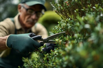 Gardener pruning shrub with garden shears during outdoor maintenance