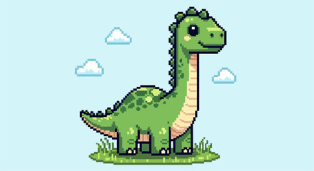 A cute pixel art green long-necked dinosaur stands on grass under a blue sky with clouds.