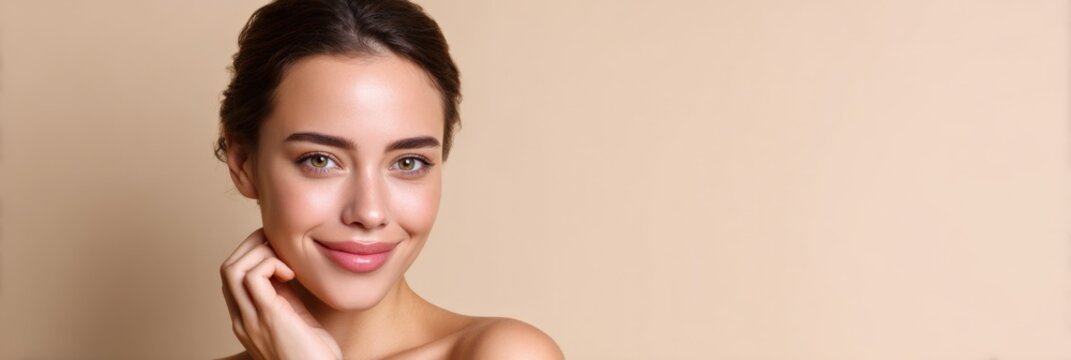 Smiling young caucasian female with natural makeup on beige background