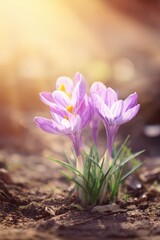 Naklejka premium Vibrant purple crocus flowers blooming in sunlit garden
