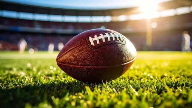 Close-up of an American football resting on vibrant green grass in a stadium under bright sunlight