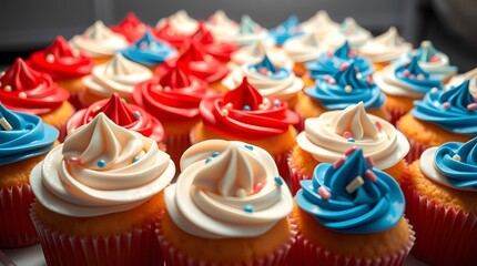 Assortment of festive cupcakes with red, white, and blue frosting in patriotic colors.
