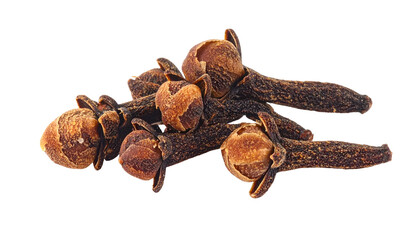 A close-up view of aromatic, dried spice buds with a characteristic shape, arranged on a dark, seamless background