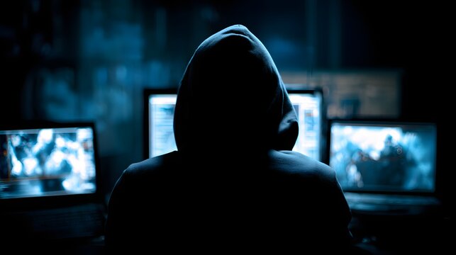 Anonymous hacker in dark room with multiple computer screens.