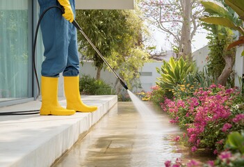 Person wearing yellow rain boots standing on garden walkway after rain