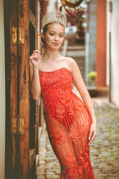 woman in long red dress Mandy You can easily measure yourself or ask for assistance from a family member or seamstress Red Dresses | Women's Mini,