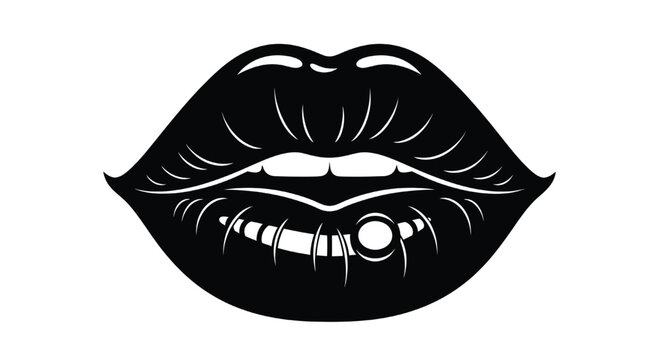 Black lips with silver piercing in minimalist illustration for beauty branding