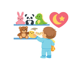 Naklejka premium toddler choosing one plush toy from shelf to sleep with heart icon bedtime choice clean shapes. colored flat icon vector illustration