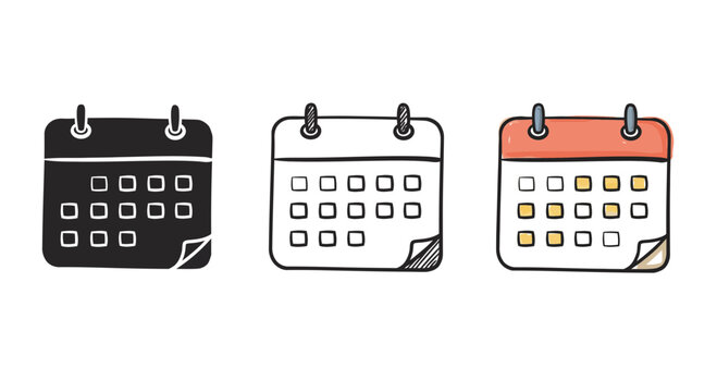 Three simple calendar icons showing days of the month in a grid, each with a slightly different design, useful for scheduling and planning applications